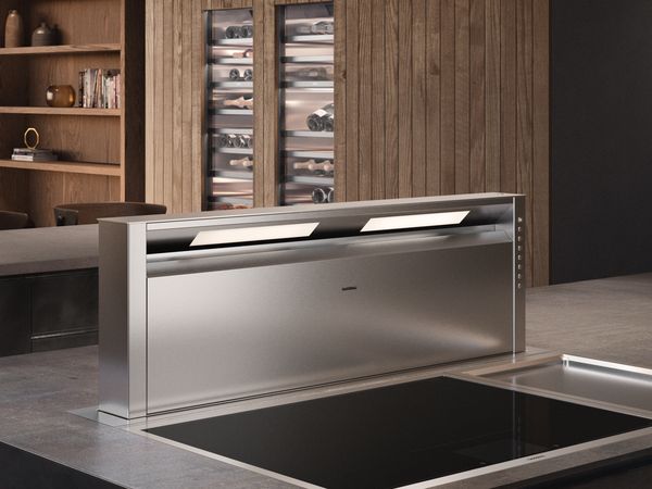 Gaggenau 400 series ventilation in a dark modern kitchen