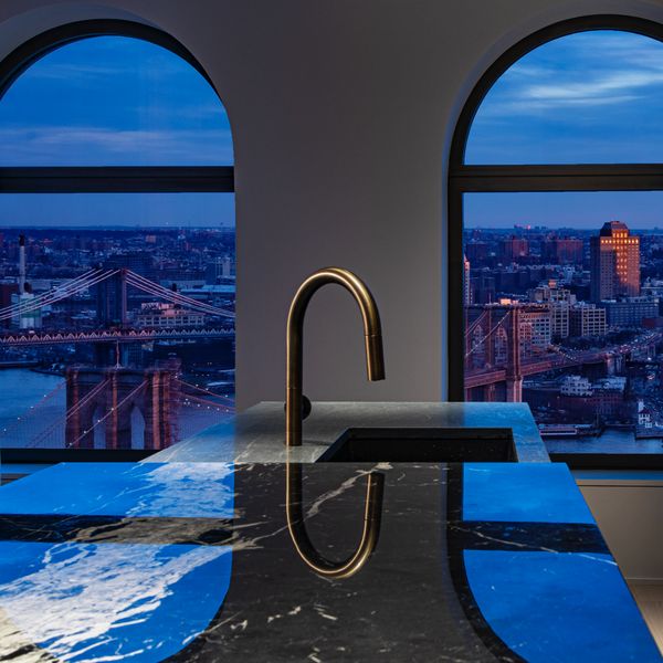 Blue hour overlooking Manhattan in the kitchen of a luxury apartment 