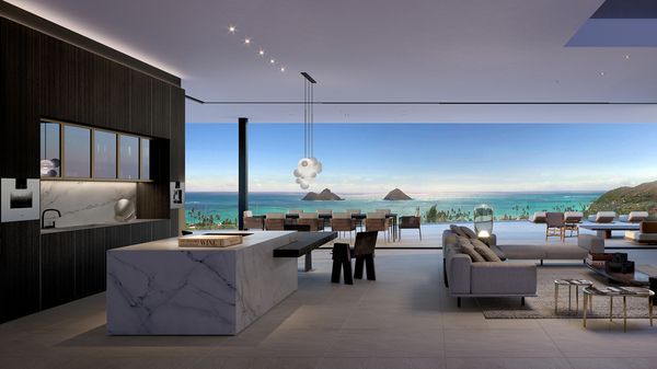 CGI of lounge area with a sea view 
