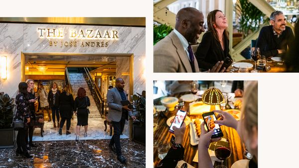 Collage featuring the marbled exterior of The Bazaar and Club 1683 members enjoying conversation and dinner. 