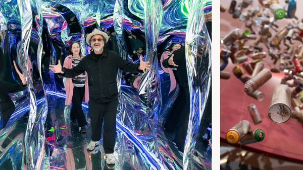 Two art installations. Mr. Brainwash smiles in a bright hall of mirrors, and used spray paint cans dangle from the ceiling. 