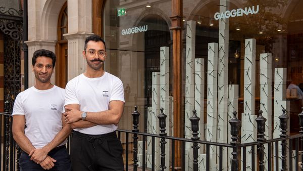 Raphaé Memon and Sikander Pervez outside the London Gaggenau showroom, displaying the TIME installation 
