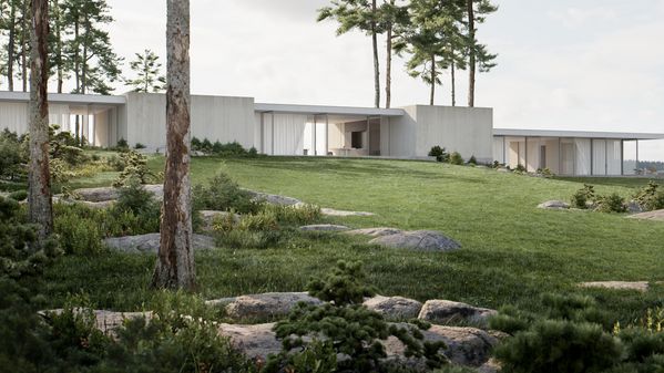En moderne arkitektonisk enetasjes bolig i en anlagt hage
