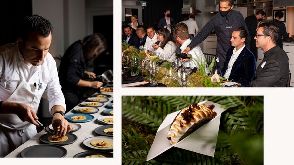 Collage featuring Chef Cantu and his assistant preparing plates, wine being poured for guests, and a dessert. 