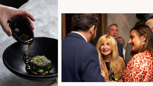 A collage showing the evening's beef dish being drizzled with sauce; Sally Forster Jones shaking hands with other guests. 