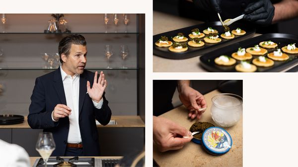 Collage featuring Christopher Klapp giving a presentation to guests as Petrossian caviar dishes are being prepared. 