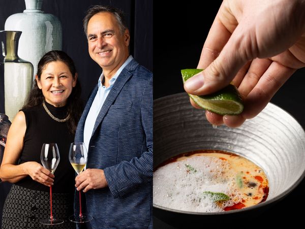 Collage featuring some of the night’s dishes, as well as Cara Cornelius, VP of Michelin Experiences Division, and Pamela and Hector Magnus of Architects Magnus.
