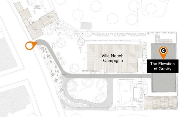 Villa Necchi Campiglio'ya giriş kapısını ve Elevation of Gravity enstalasyonunu gösteren açıklayıcı harita