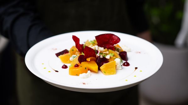 One of Le Jardinier's vibrant starter dishes: golden beets, red beet mostarda, and goat cheese drizzled with herbal oil. 