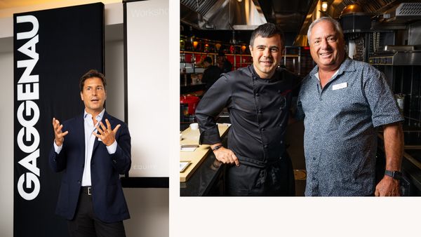 Left image: Josu Gaubeka, president and CEO of La Cuisine International, speaks to guests. Right image: Chef James Friedberg poses with Tony Aitoro of Aitoro Appliances. 