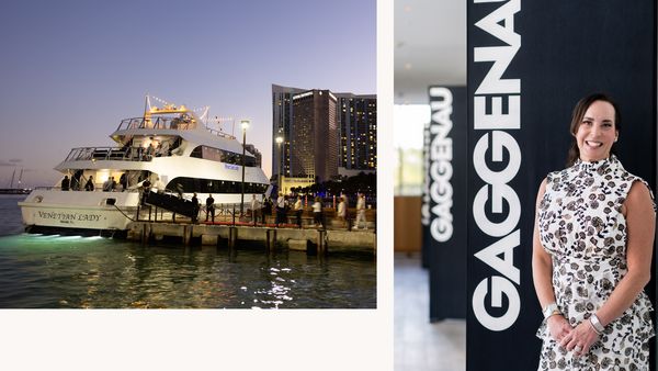 Left image: As the sun begins to set, guests board the Venetian Lady. Right image: Julie Faupel, CEO of Realm, smiles in front of a large Gaggenau banner. 