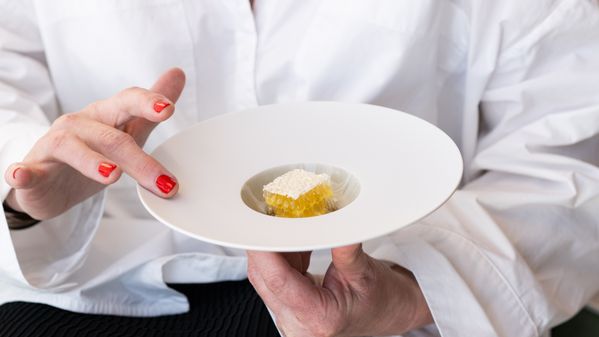 Stefanie Hering showing a piece of honeycomb in a Hering Berlin dish.