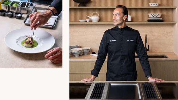Chef Alain Verzeroli posing in front of a Gaggenau Vario 400 series cooktop, as well as a beautifully plated dish.
