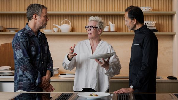 Matt Gagnon, Stefanie Hering, and Alain Verzeroli in the midst of an animated discussion in the Gaggenau Miami showroom.