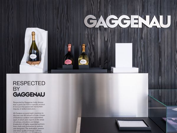 Bottles of Ruinart champagne on display in Gaggenau's Miami showroom.