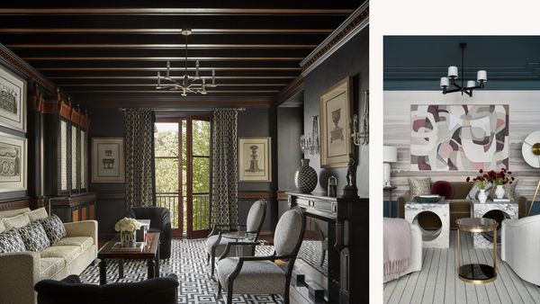 The moody and sophisticated Savage Interiors-design library inside the sumptuous Bella Meade mansion outside of Nashville. Photography by Zeke Ruelas. Right: Savage’s cleverly multi-functional entry at House Beautiful’s Whole Home 2022 in Atlanta serves as gorgeous dining area, lounge, and gallery. Photography by Robert Peterson. Header: The dining room Savage designed for his stylish Ibis Isle condominium in Palm Beach. Photography by Adahlia Cole and Colin Peck.