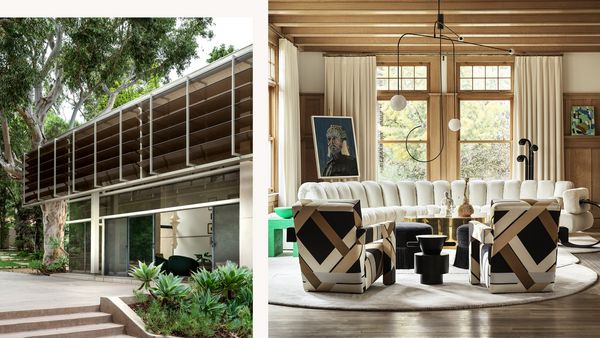 Exterior of a storied 1980s architectural home in the Hollywood Hills, with a newly overhauled interior. Photography by Minh T. Callahan’s own living room mixes the heritage of the home sleek, contemporary style, featuring a De Sede sofa, a Karl Springer cocktail table, Gerrit Rietveld chairs in a Dimore studio print, pendant lights by Michael Anastassiades, floor lamp by Entler, and artworks by Paul Anthony Smith and Brad Eberhard. Photography by Jon Day.
