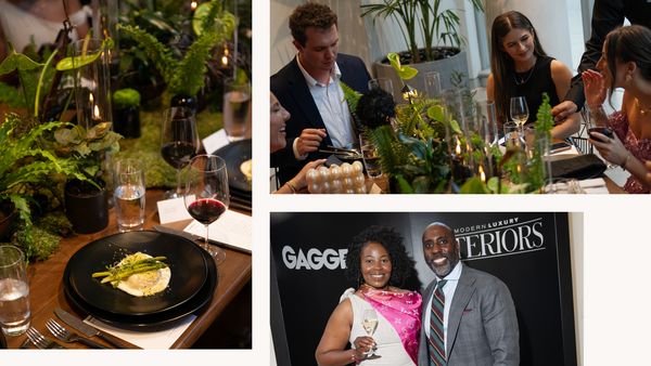 A collage featuring guests, food, and the elaborate table setting for the event, which included gorgeous florals and ferns.