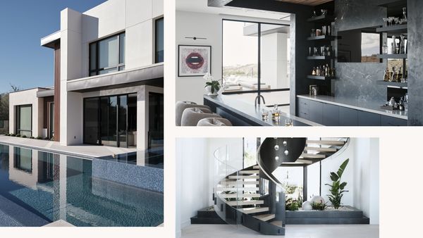 Collage depicting other areas of the home, including the inviting pool outside, a bar, and stunning modern spiral staircase.