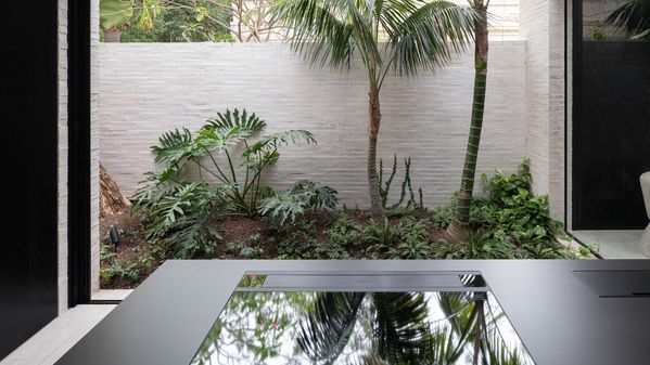 View looking over the dark Gaggenau kitchen appliances into the garden.