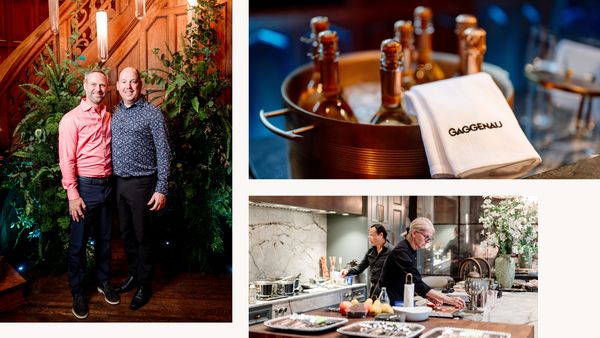 Collage featuring the homeowners, Ryan Hanson and Matthew Trettel, as well as a bucket of champagne and chefs Bobby Cortez and Amy Alcorn  cooking on Gaggenau appliances.