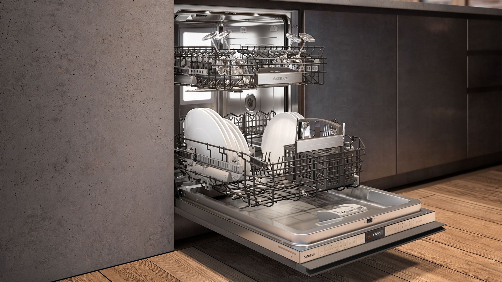 Gaggenau Geschirrspüler Serie 400 — Korbsystem mit Leichtlauf-Schienen und Edelstahl-Innenraum