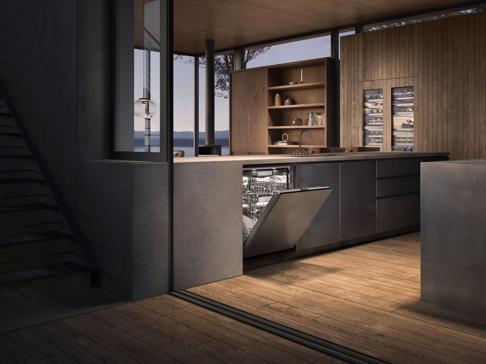 Gaggenau Geschirrspüler der Serie 400 — vollintegriert mit Push-to-open in einer grifflosen Küche