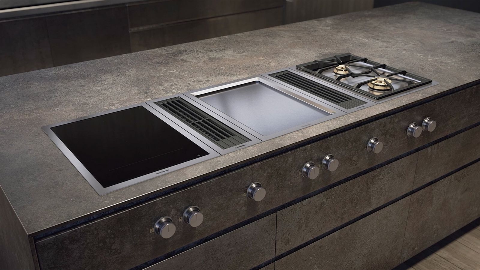Gaggenau Dunstabzug der Serie 400 in Aktion — Vario-Kochgeräte in einer professionellen Küchenumgebung