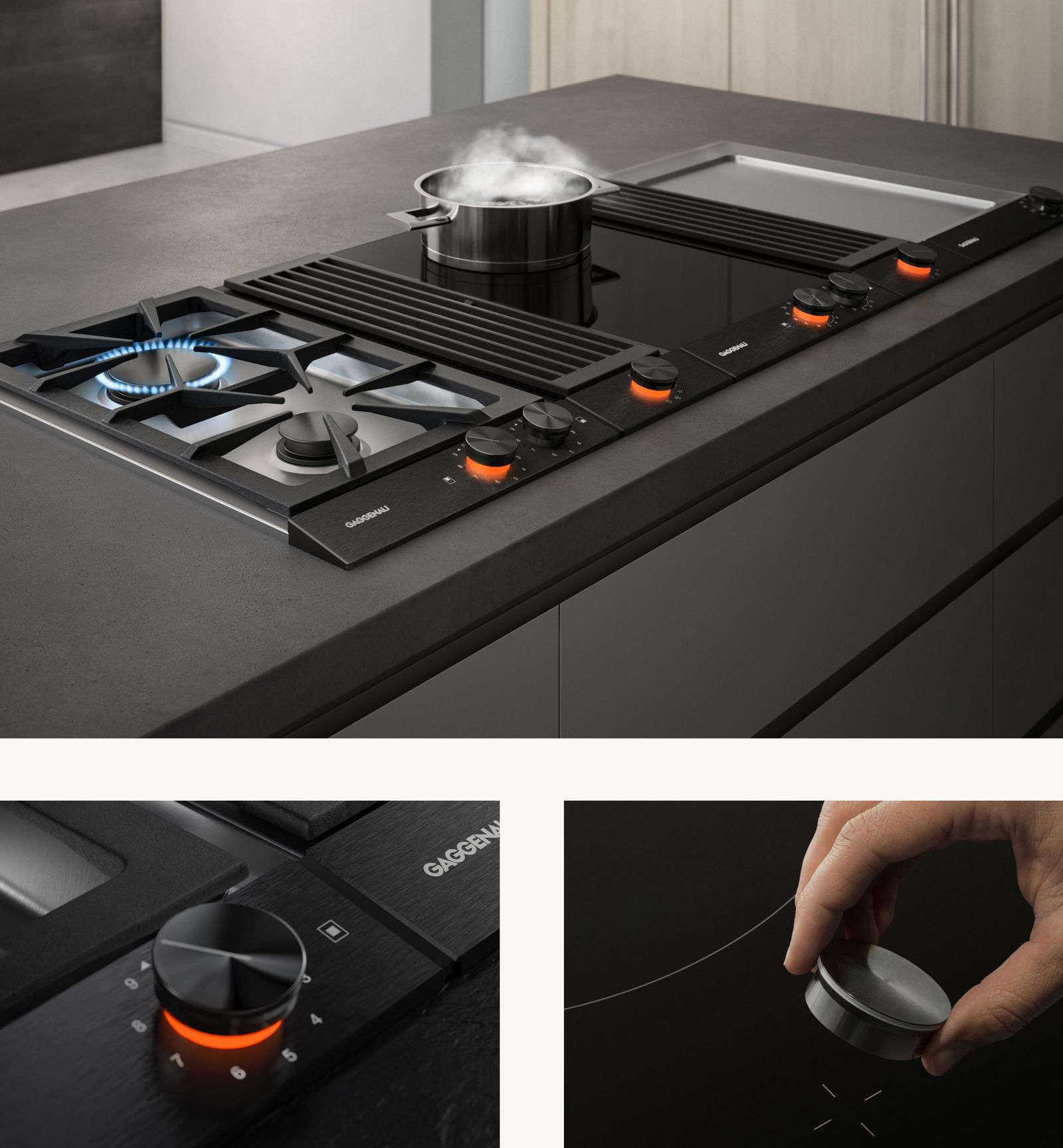 Gaggenau Kochfeld Serie 200 — Induktionszonen mit Edelstahl-Einfassung