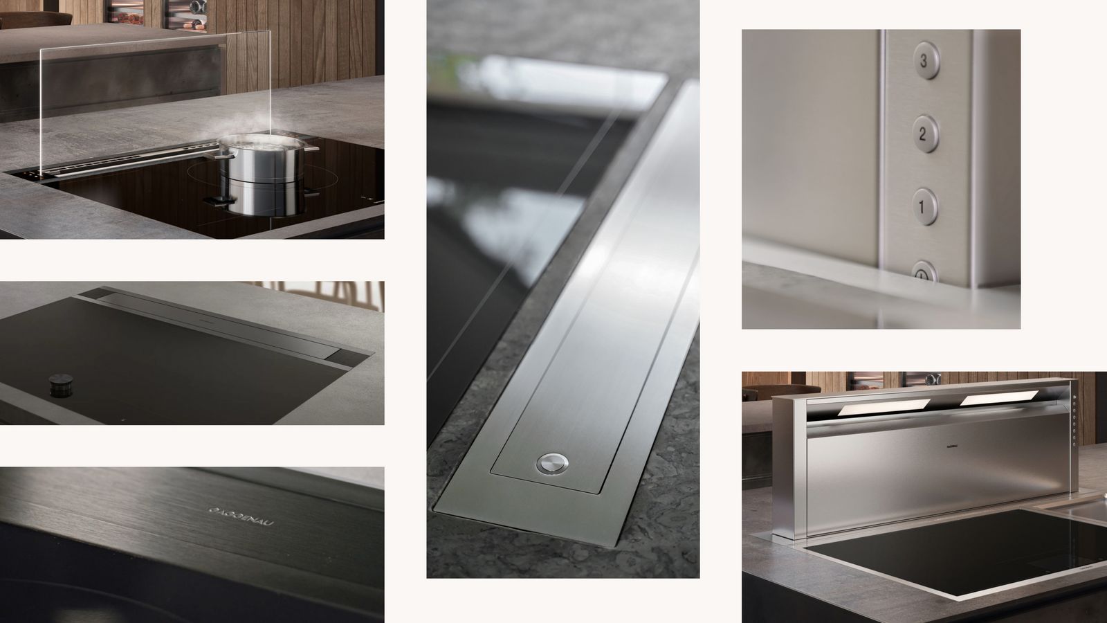Gaggenau Tischlüfter — Collage verschiedener Tisch-Lüftungssysteme der Serie 400