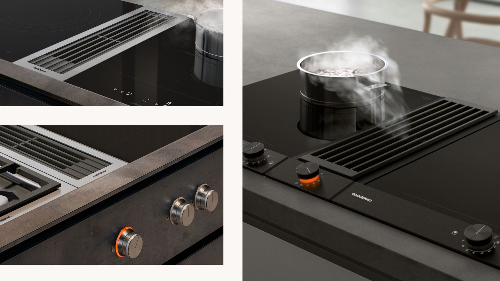 Gaggenau Vario Downdraft Dunstabzug — Collage der verschiedenen Abluft-Varianten