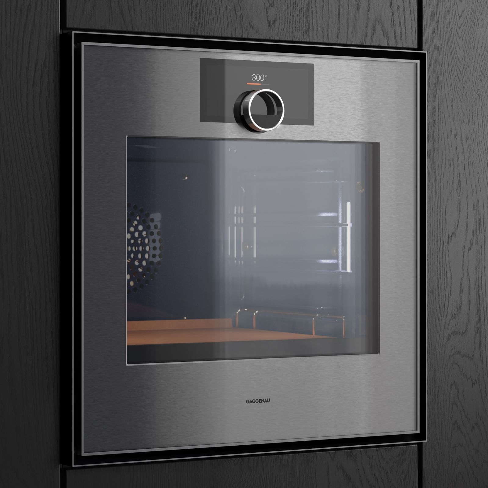 Gaggenau Backofen Serie Expressive — Nahaufnahme mit ikonischen Edelstahl-Drehwählern