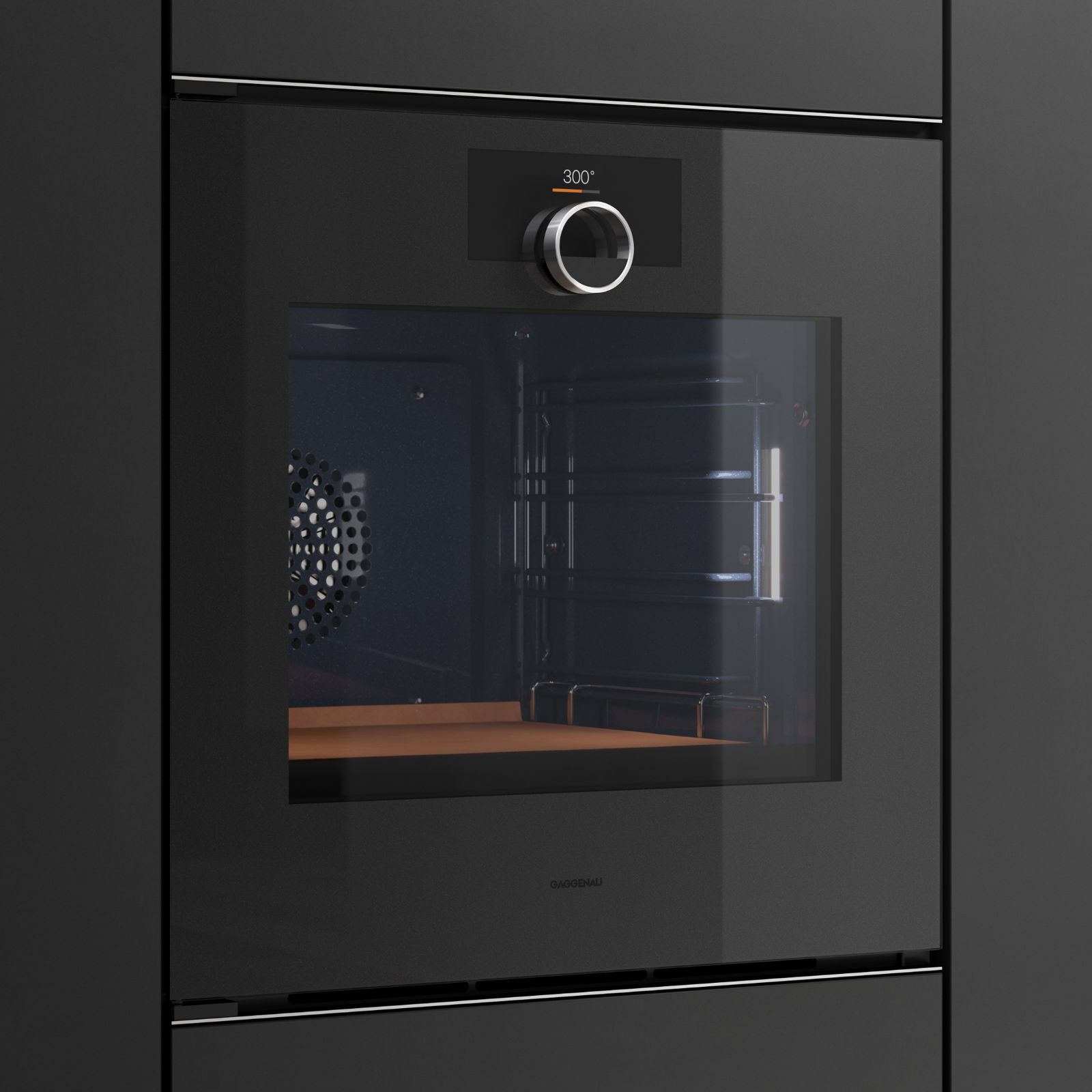 Gaggenau Backofen Serie Minimalistic — vollflächige Glasfront in dunkler Küchenarchitektur