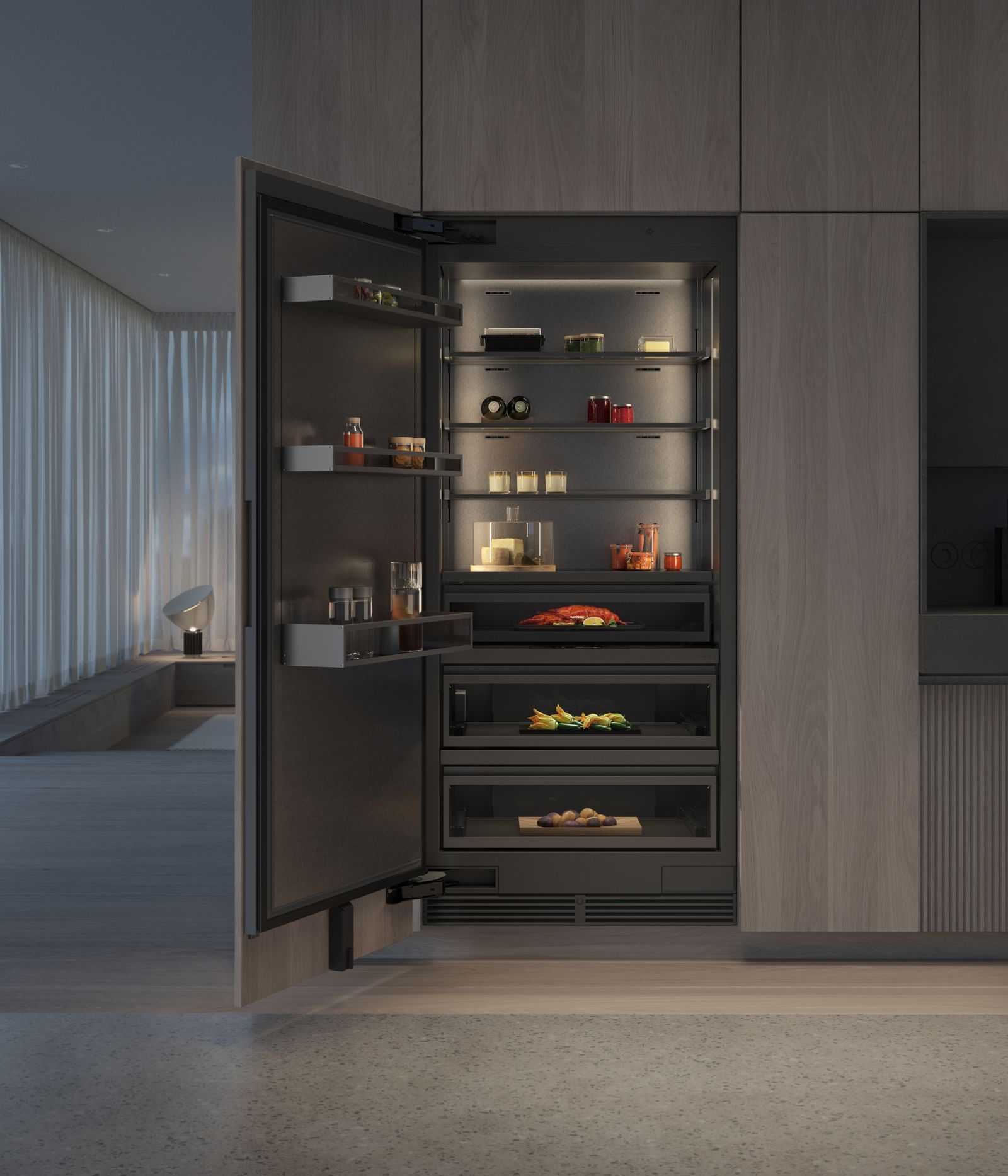 Gaggenau Vario Kühlschrank Innenansicht — gebürsteter Edelstahl mit LED-Säulen