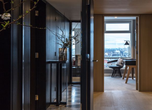 Centre Point apartment with view through bedroom to London skyline 