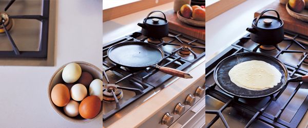Collage of making pancakes on a Gaggenau Gas cooktop 400 series