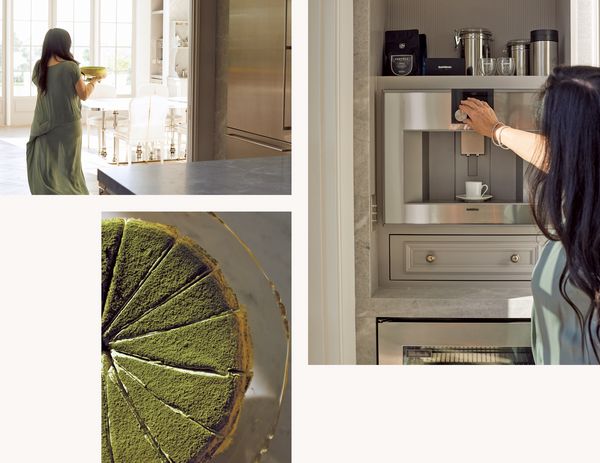 Collage of Windsor Smith using her Gaggenau fully automatic coffee machine 400 series