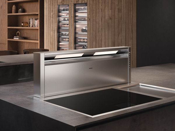Gaggenau 400 series ventilation  in a dark modern kitchen