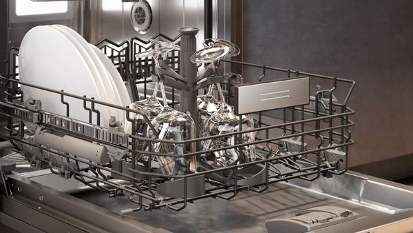 Close-up of the lower rack in a Gaggenau 400 series dishwasher 