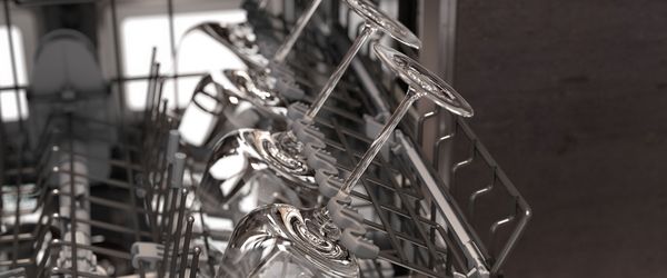 Close-up of glasses in a Gaggenau 400 series dishwasher 
