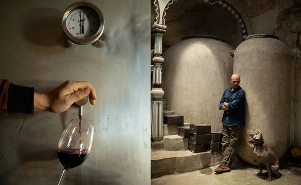 Collage image of Elías López Montero with clay amphorae and hand pooring wine from vat
