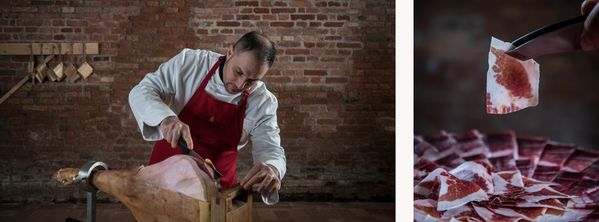 Immagine collage di un uomo che taglia il prosciutto e fette di prosciutto su un piatto