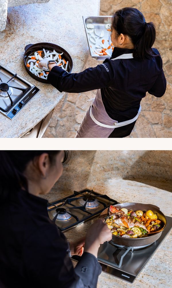 Collage of Chef Niki Nakayama cooking in the Doolittle, California 
