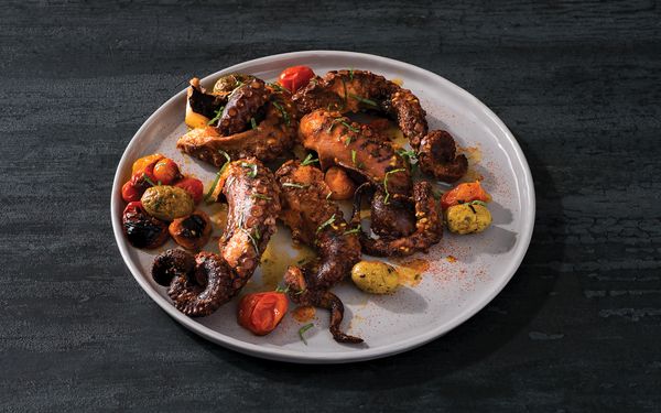 Recipe image for Spicy Spanish Octopus with Roasted Tomatoes and Olives 