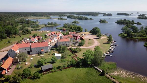 Aerial view of a small, picturesque village on the east coast of Sweden 