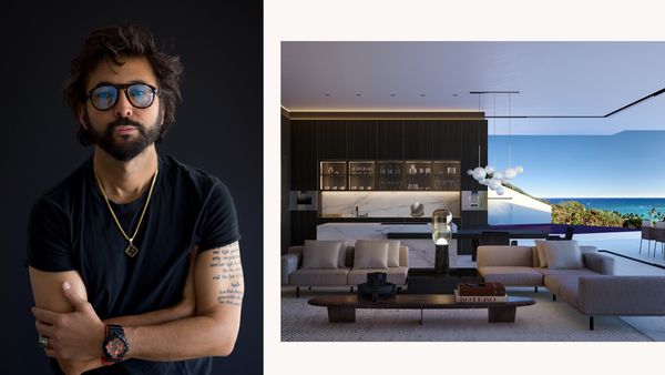 Collage containing a portrait of César Giraldo and lounge/kitchen CGI of luxury house 