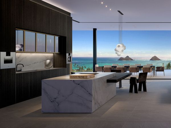 Computer render of luxury kitchen and diner with sea view 