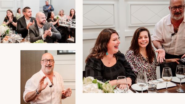 Collage of Chef Andrew Zimmern speaking at Dishing on Space and Design event 
