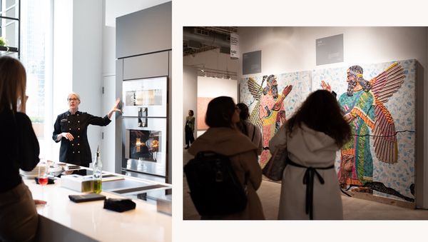 Collage featuring guests at the Gaggenau showroom and admiring art at EXPO Chicago. 