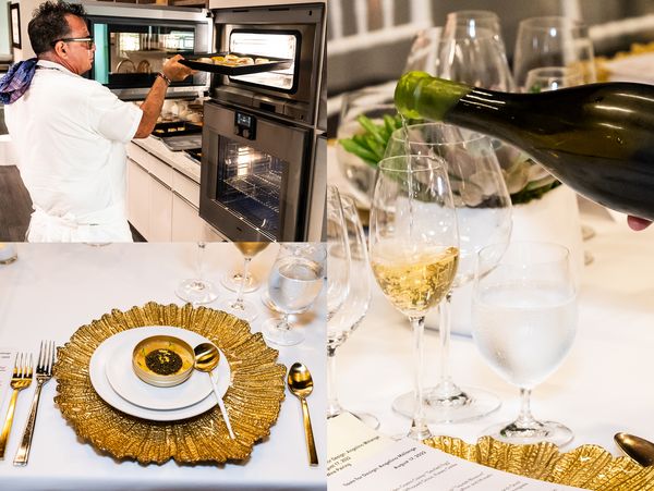 A collage preparation of dinner using Gaggenau’s combi-steam oven, appetizer on beautiful gold plating and wine being poured